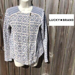 Lucky Brand Medium Zip Jacket Top Long Sleeve Cream Blue Tribal Moto Fringe